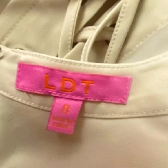 L T D Lace Up Front Slight Puff Short Sleeves Mini Dress. Cream (Stone)  Sz 8 - Picture 7 of 11